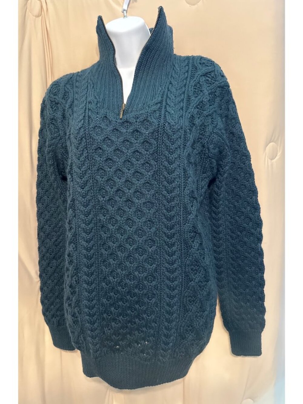 Ireland's Eye Dark Green Cableknit Zip Wool Sweater Men's Small